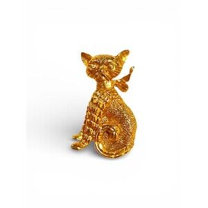 Vintage Gold Tone Cat Brooch Pin Green Stone Eyes MCM